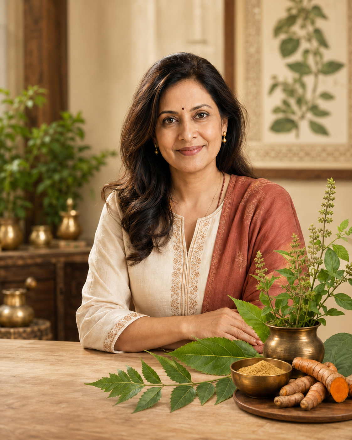 Ayurveda doctor seated in a warm clinic with traditional herbs